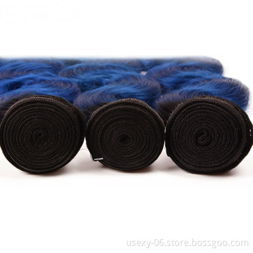 Usexy Wholesale Virgin Brazilian Hair Weaves Color 1B/Blue Body Wave Ombre Hair Bundles With Frontal